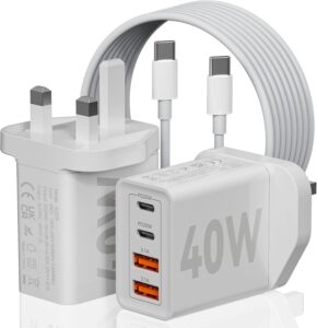 USB C Fast Charger - 40W Dual USB C Wall Charger - 4 Port 20W USB C Power Adapter with Dual PD USBC Charger with C to C Fast Charging Cable Compatible iPhone,Mac Book Air,Laptop