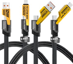 2Pack 4 in 1 Fast Charging Cable, Transferring Data, 6.65 Ft, Braided Cable 65W, USB C USB A and IP, Multiple Charging Cable for Phone/Pad/More